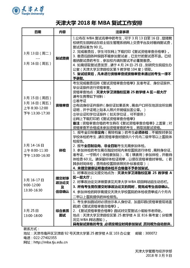 天津大學2018年工商管理碩士（MBA）復試辦法